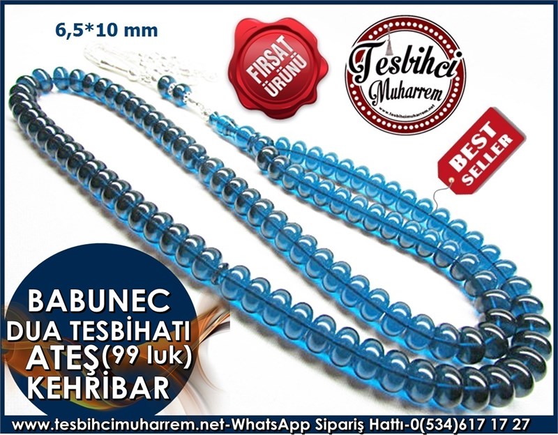99 luk Ateş Kehribar Tesbih 6,5*10 mm Babunec Dua Tesbihatı 