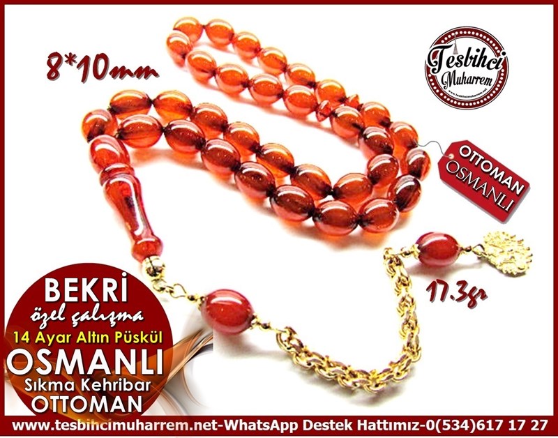 14 Ayar Altın Püsküllü Gün Kurusu Osmanlı Sıkma Kehribar Tesbih Bekri