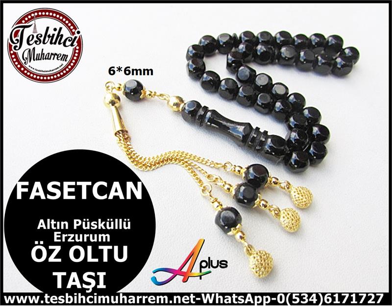 ÖZ ERZURUM OLTU TAŞI TESBİH 6*6 mm ALTIN PÜSKÜLLÜ FASETCAN