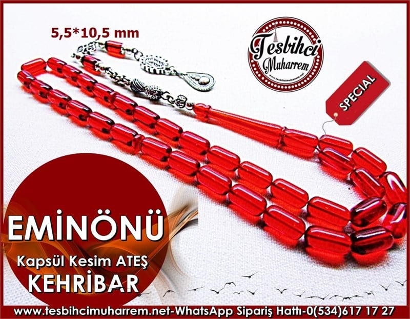 Nar Çiçeği Gümüş Püsküllü Ateş Kehribar Tesbih 5,5*10,5 mm Eminönü