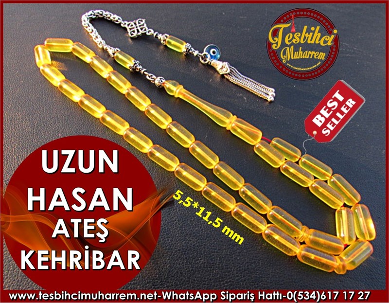 Gümüş Püsküllü Sıkma Kehribar Tesbih 5,5*11,5 mm Uzun Hasan