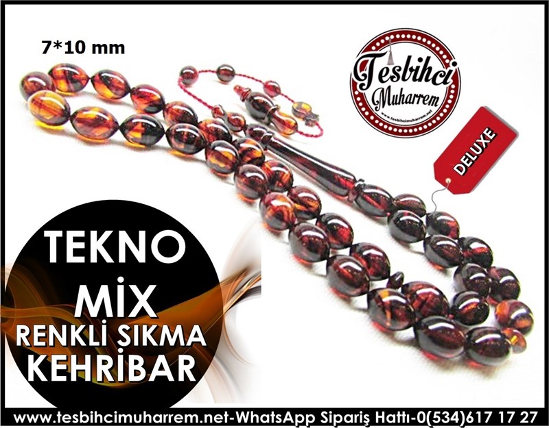  Renkli Sıkma Kehribar Tesbih 7*10 mm Tekno Mix 