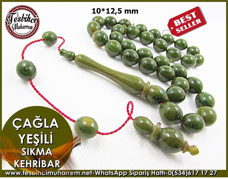 Sıkma Kehribar Tesbih 10*12,5 mm Çağla Yeşili