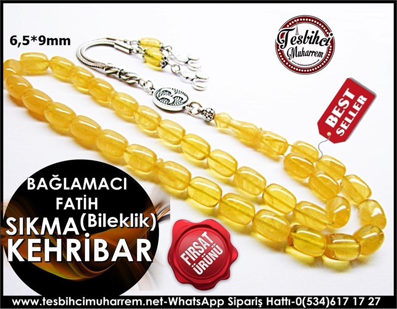 Bileklik Sıkma Kehribar Tesbih 6,5*9 mm Bağlamacı Fatih