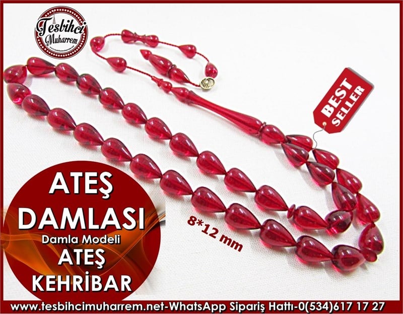 Ateş Kehribar Tesbih 8*12 mm Ateş Damlası