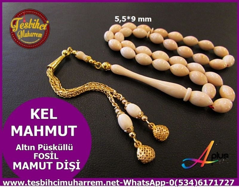 MAMUT DİŞİ TESBİH 5,5*9 mm ALTIN PÜSKÜLLÜ KEL MAHMUT