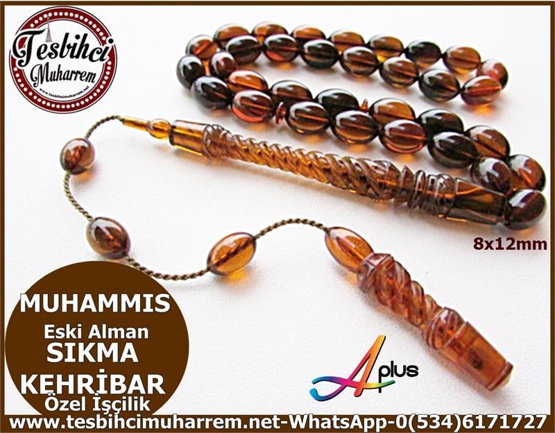 SIKMA KEHRİBAR TESBİH 8*12 mm ESKİ ALMAN MUHAMMIS 