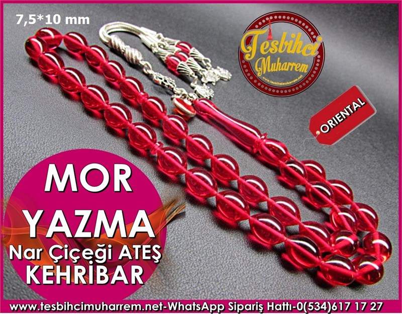 Gümüş Püsküllü Nar Çiçeği Ateş Kehribar Tesbih 6*11 mm Mor Yazma 