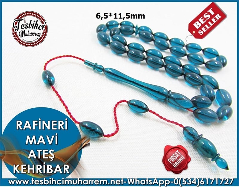ATEŞ KEHRİBAR TESBİH 6,5*11,5 mm RAFİNERİ MAVİ