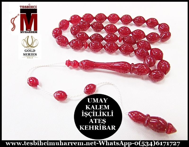 ATEŞ KEHRİBARI TESBİH 8x11 mm KALEM İŞÇİLİKLİ UMAY