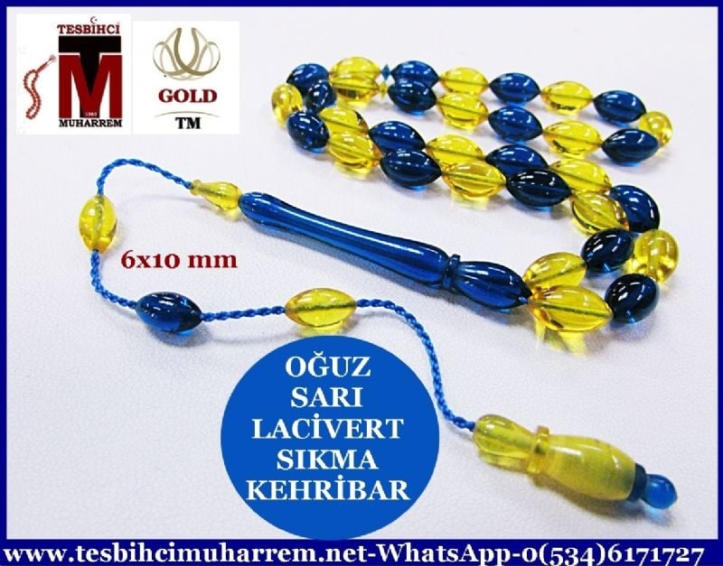 SIKMA KEHRİBAR TESBİH 6x10 mm SARI LACİVERT OĞUZ