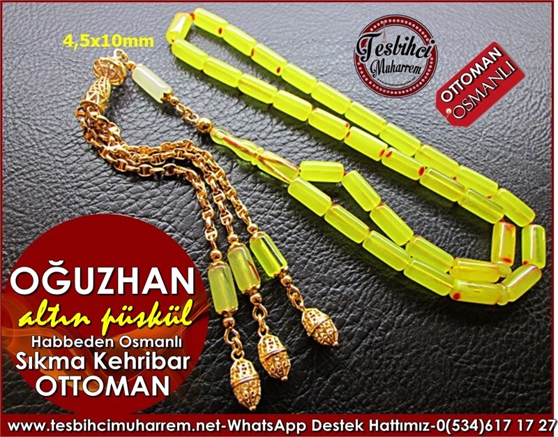 Altın Püsküllü Habbeden Kesme Osmanlı Sıkma Kehribar Tesbih Oğuzhan