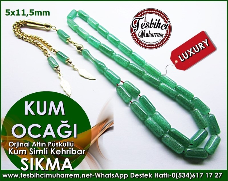 Altın Püsküllü Kum Simli Fıstıki Yeşil Sıkma Kehribar Tesbih Kum Ocağı