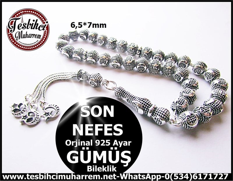 GÜMÜŞ TESBİH 6,5*7 mm AY YILDIZ MOTİF SON NEFES