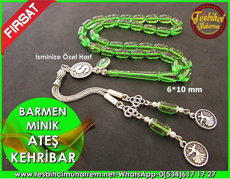 Ateş Kehribar Tesbih 6*10 mm Barmen Minik