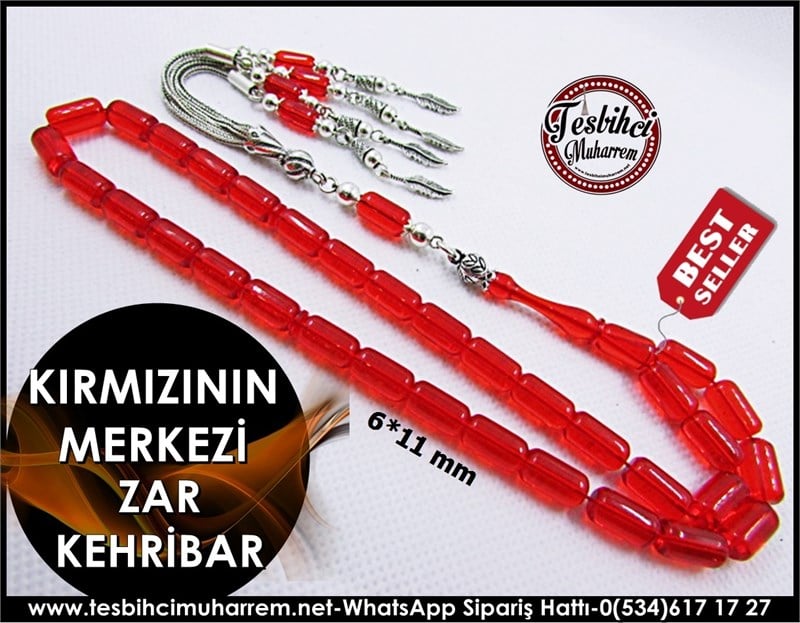 Zar Kehribar Tesbih 6*11 mm Kırmızının Merkezi