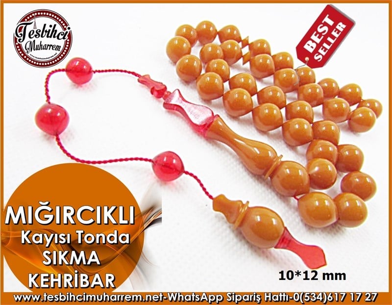 Sıkma Kehribar Tesbih 10*12 mm Kayısı Tonda Mığırcıklı