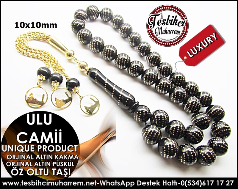 Çeşm-i Nur Orjinal Altın Kakma ve Altın Püsküllü Öz Oltu Taşı Tesbih Erzurum Ulu Camii logolu
