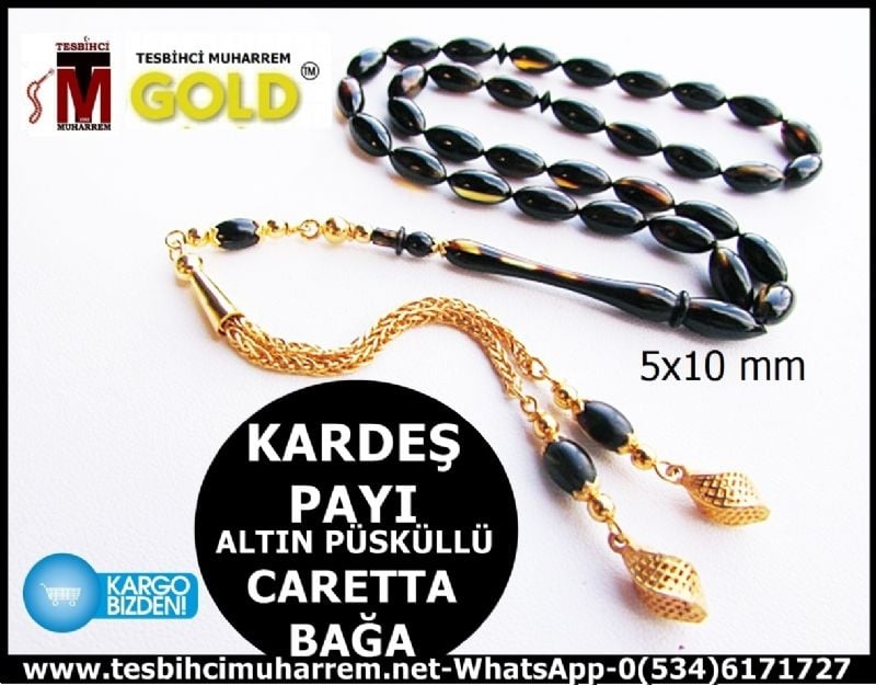 CARETTA BAĞA TESBİH 5x10 mm ALTIN PÜSKÜLLÜ KARDEŞ PAYI