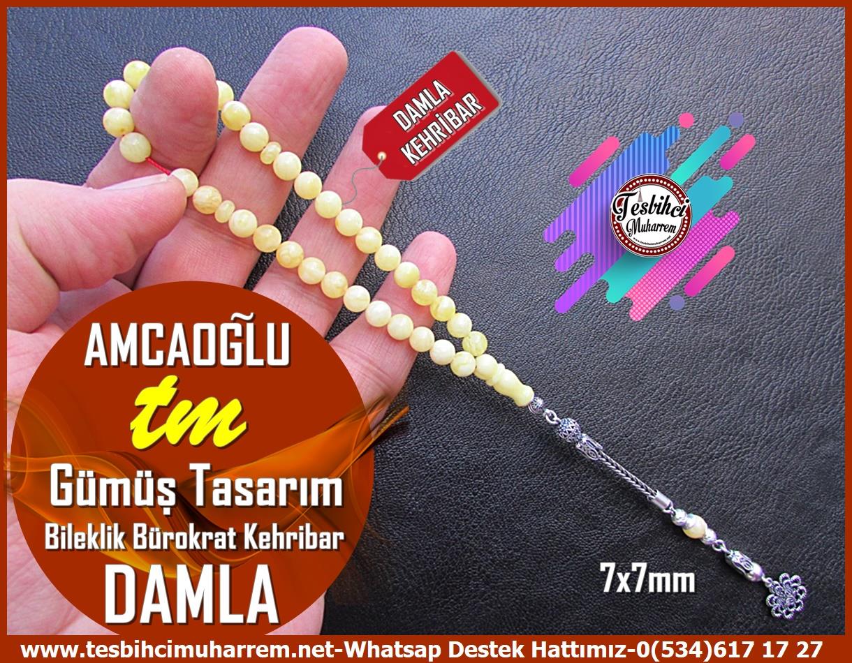  Damla Kehribar TesbihlerTM13450Damla Kehribar Bileklik Tespih | Küre Kesim, Gümüş Püskül, 