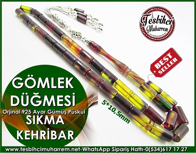 Gümüş Püsküllü Sıkma Kehribar Tesbih 5*10,5 mm Gömlek Düğmesi 