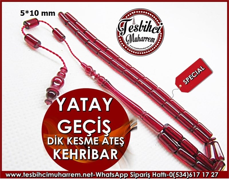 Dik Kesme Ateş Kehribar Tesbih 5*10 mm Yatay Geçiş 