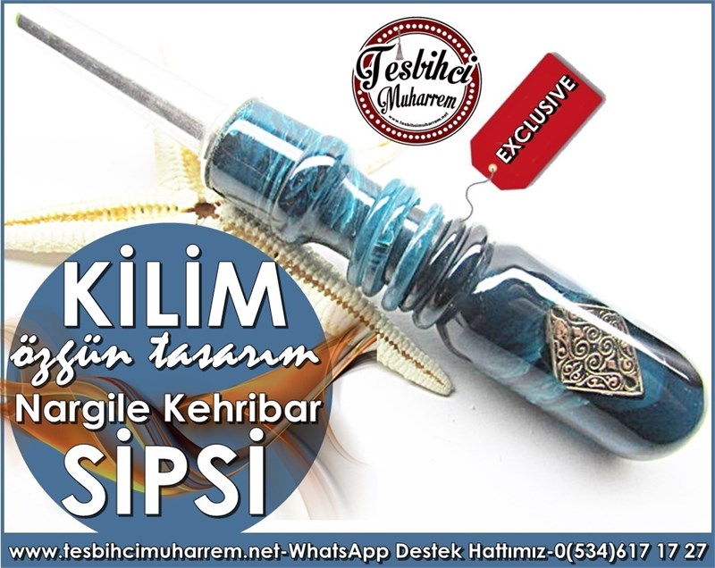El İşçiliği Nargile Sipsisi Siyah Turkuaz Ton Özgün Tasarım Kehribar Kilim Model