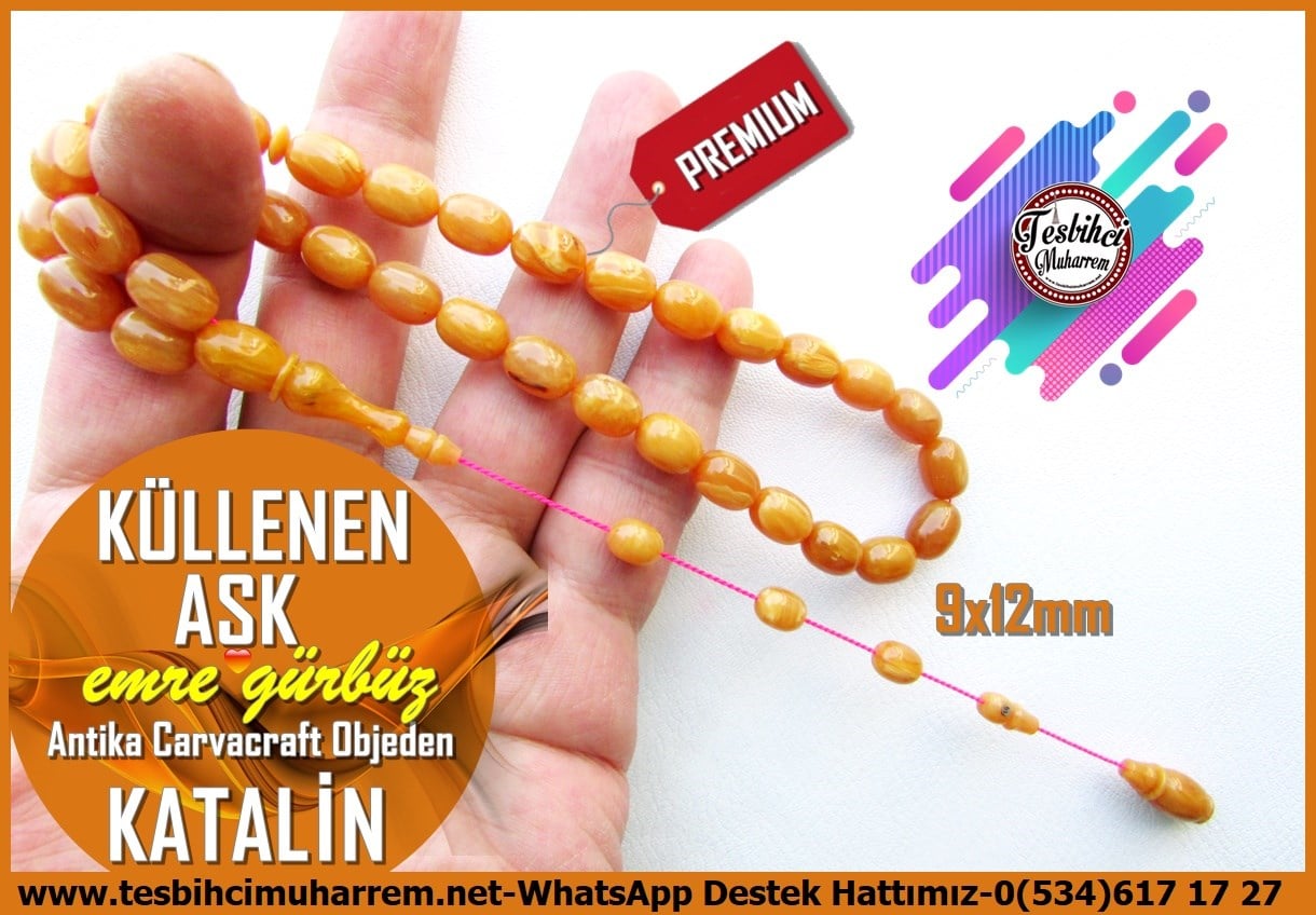 Katalin Ve Bağa TesbihlerTM14259Emre Gürbüz Usta El İşçiliği Tespih | 1909 Sonrası Orijinal Bakalit Carvacraft Katalin, Premium Çalışma, Antika Sümen Takımından Hardal Renk 