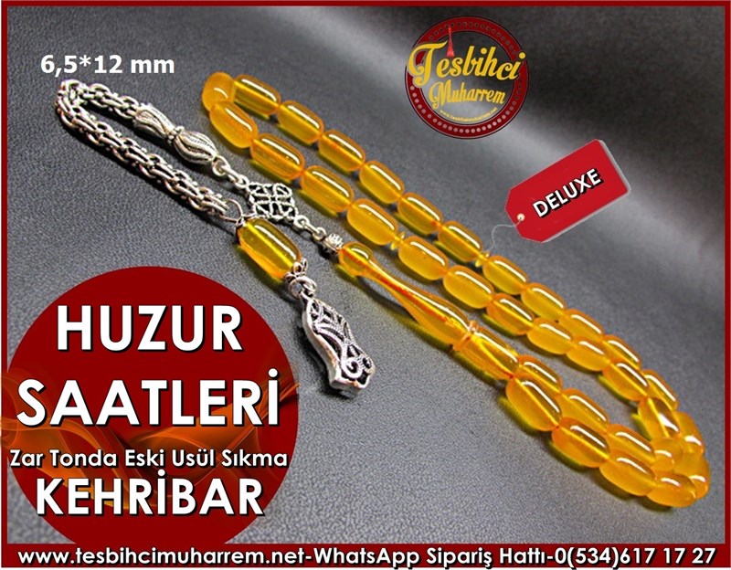 Eski Usül Sıkma Kehribar Tesbih 6,5*12 mm Huzur Saatleri 