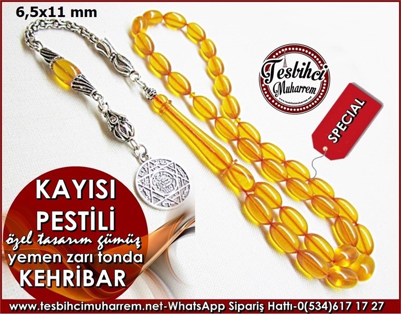 Gümüş Püskül Sıkma Kehribar Tesbih 6,5*11 mm Kayısı Pestili 