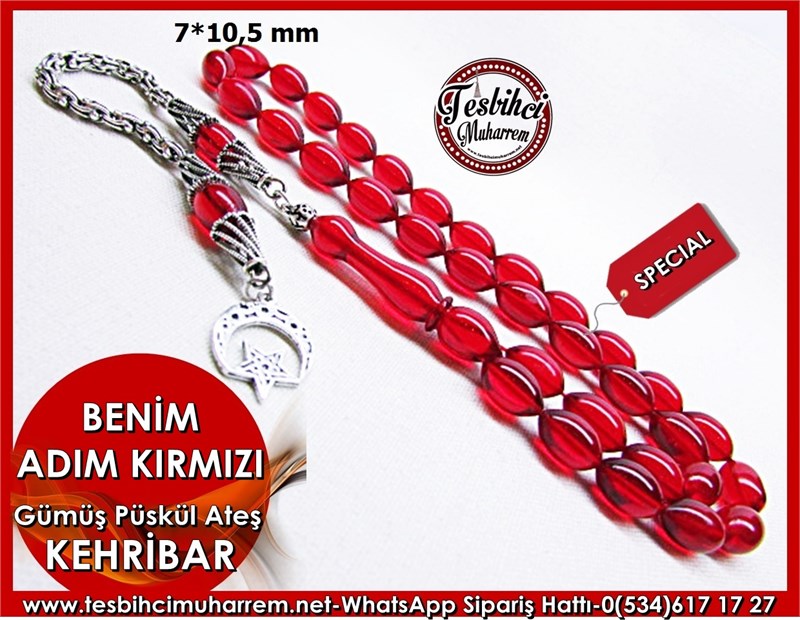 Gümüş Püsküllü Ateş Kehribar 7*10,5 mm Benim Adım Kırmızı