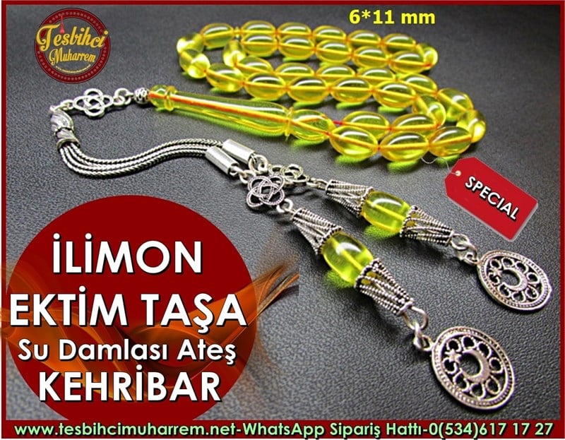Gümüş Püsküllü Ateş Kehribar Tesbih 6*11 mm İlimon Ektim Taşa