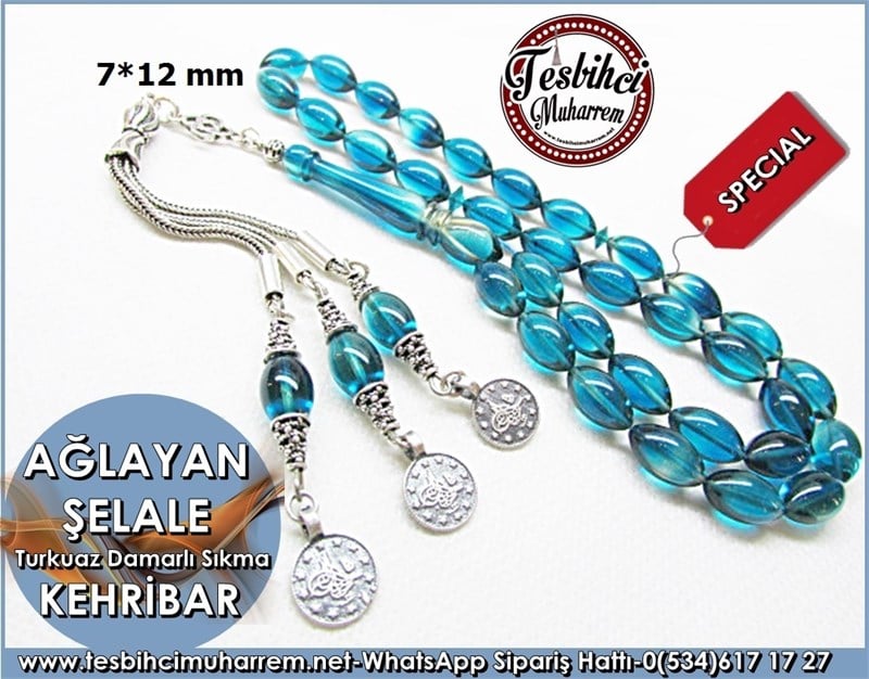 Gümüş Püsküllü Ateş Kehribar Tesbih 7,5*12 Ağlayan Şelale