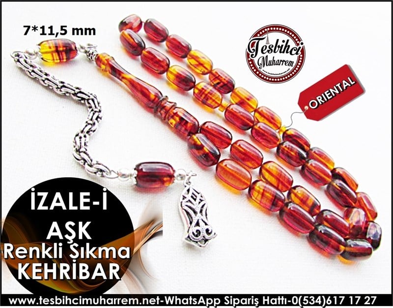Gümüş Püsküllü Renkli Sıkma Kehribar Tesbih 7*11,5 mm İzale-i Aşk