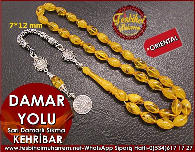 Gümüş Püsküllü Sarı Sıkma Kehribar Tesbih 7*12 mm Damar Yolu 
