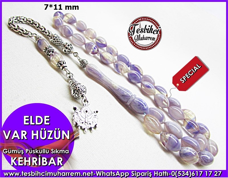Gümüş Püsküllü Sıkma Kehribar Tesbih 7*11 mm Elde Var Hüzün