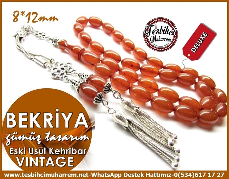 Gümüş Tasarım Damarlı Kayısı Vintage Sıkma Kehribar Tesbih Bekriya