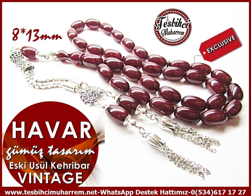 Gümüş Tasarım Damarlı Vişne Vintage Sıkma Kehribar Tesbih Havar 