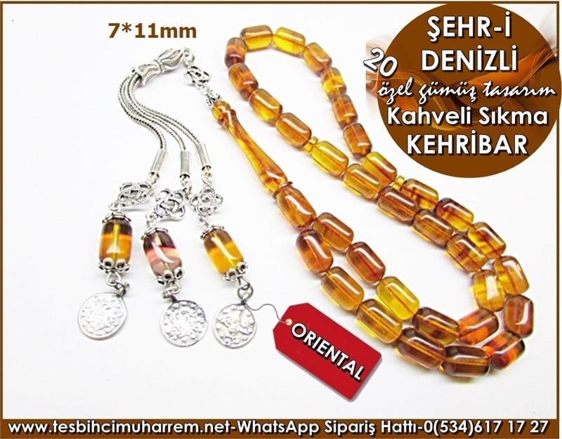Gümüş Tasarım Kahveli Sıkma Kehribar Tesbih 20 Şehr-i Denizli 