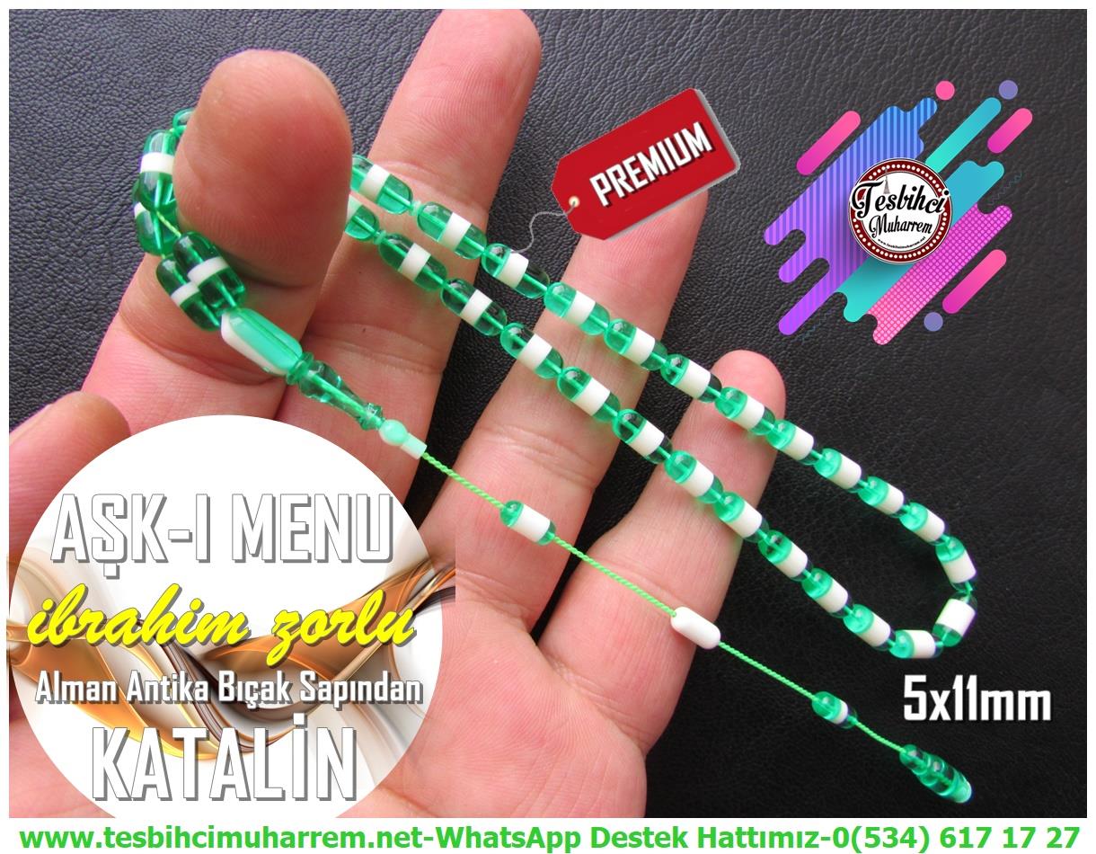 Katalin Ve Bağa TesbihlerTM13375İbrahim Zorlu Usta El İşçiliği Tespih | Katalin, Premium Çalışma, Badem Kesim, Yeşil-Beyaz Antika Alman Bıçak Sapından 
