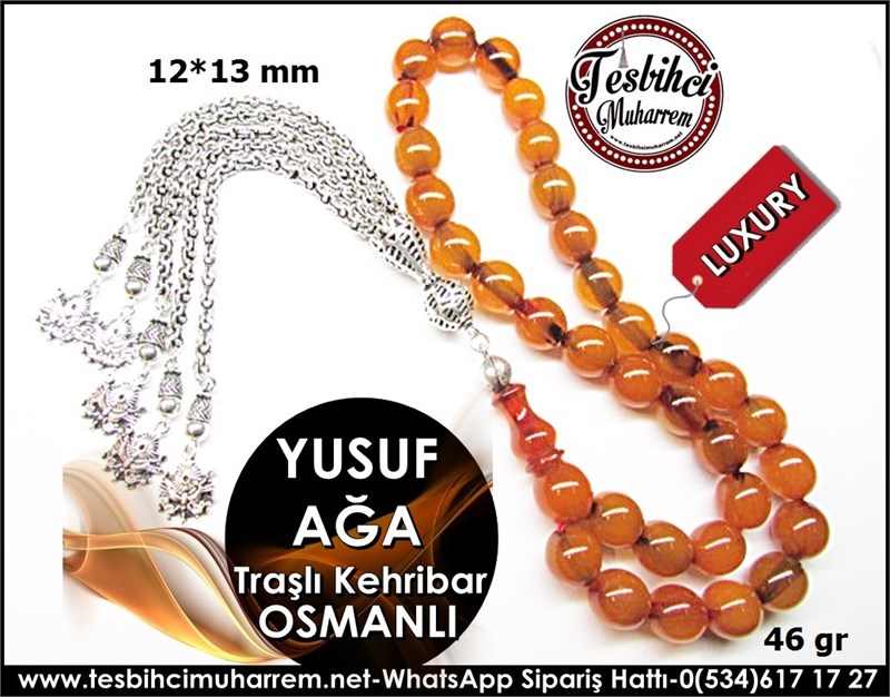 İri Boy Miskevi Kayısı Ton Traşlı Osmanlı Sıkma Kehribar Tesbih 12*13 mm Yusuf Ağa