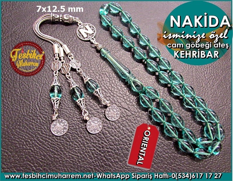 İsminize Özel Gümüş Harf Ateş Kehribar Tesbih 7*12,5 mm Nakida 