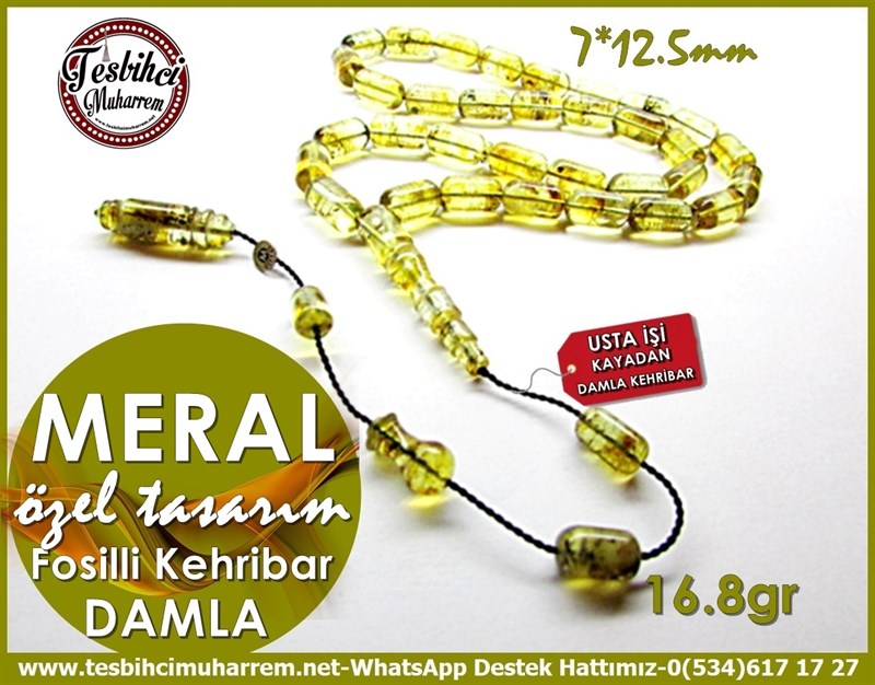 Kapsül Kesim Yoğun Fosilli Dominik Damla Kehribar Tesbih Meral 