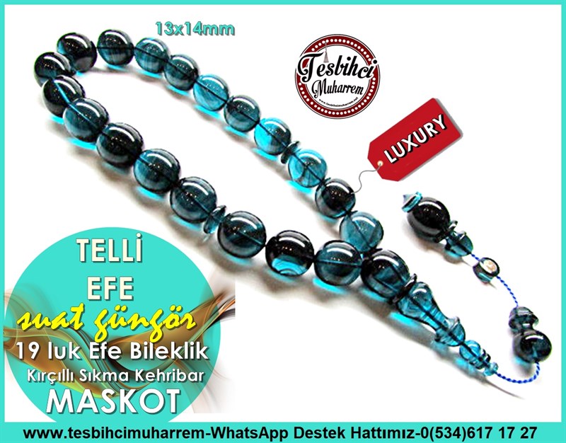 Kırçıllı 19 Habbe Küre Kesim Maskot Sıkma Kehribar Tesbih Telli Efe
