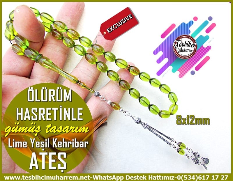 Yeşil Ton TesbihlerTM12031Lime Yeşil Beyzi Ateş Kehribar Tesbih Gümüş Püsküllü Ölürüm HasretinleLime Yeşil Beyzi Ateş Kehribar Tesbih Gümüş Püsküllü Ölürüm Hasretinle