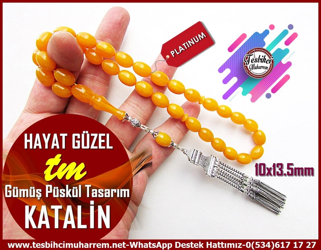 Katalin Ve Bağa TesbihlerTM13778Meçhul Usta Özel Çalışma | Katalin Habbelerinde Allah-Besmele-Allahu Ekber-Esma-ül Hüsna'' Lafzlı TespihTespih Katalin l Ağır Gümüş Püskül Sarı Damarlı Hayat Güzel Tesbih