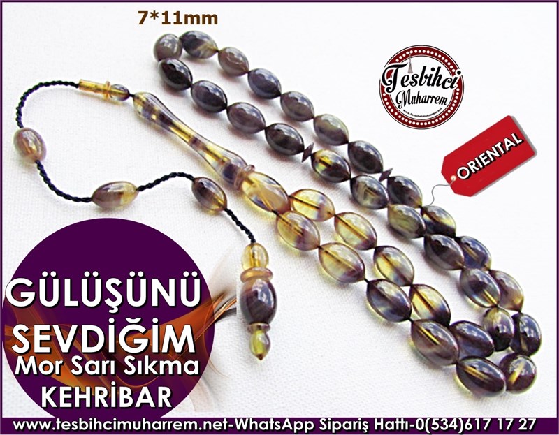 Mor Sarı Damarlı Sıkma Kehribar Tesbih 7*11 mm Gülüşünü Sevdiğim 
