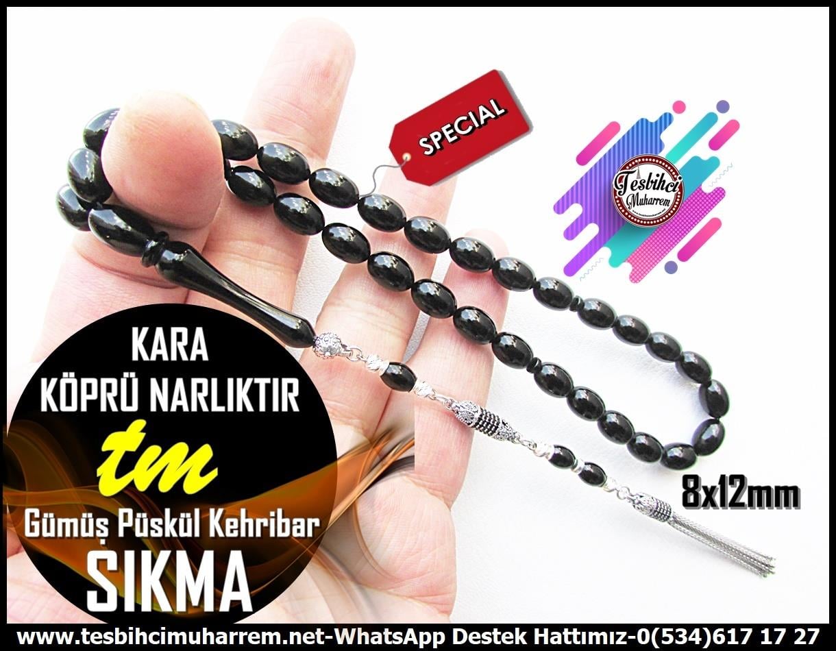 Siyah Kehribar TesbihlerTM13721Muharrem Karaoğlu Usta Dizayn Tespih | Sıkma Kehribar, Siyah Renk, Zirkon Taşlı Gümüş Püskül, Beyzi Kesim, 