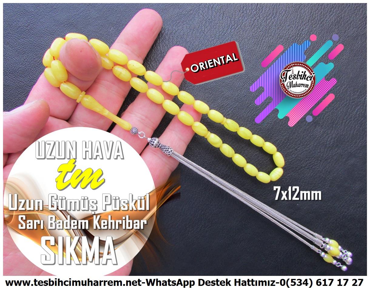 Ateş Kırmızı Ton TesbihlerTM13385Muharrem Karaoğlu Usta El İşçiliği Tespih | Sıkma Kehribar, Damarlı Limon Sarı, Badem Kesim, Uzun Apache, Gümüş Püsküllü 