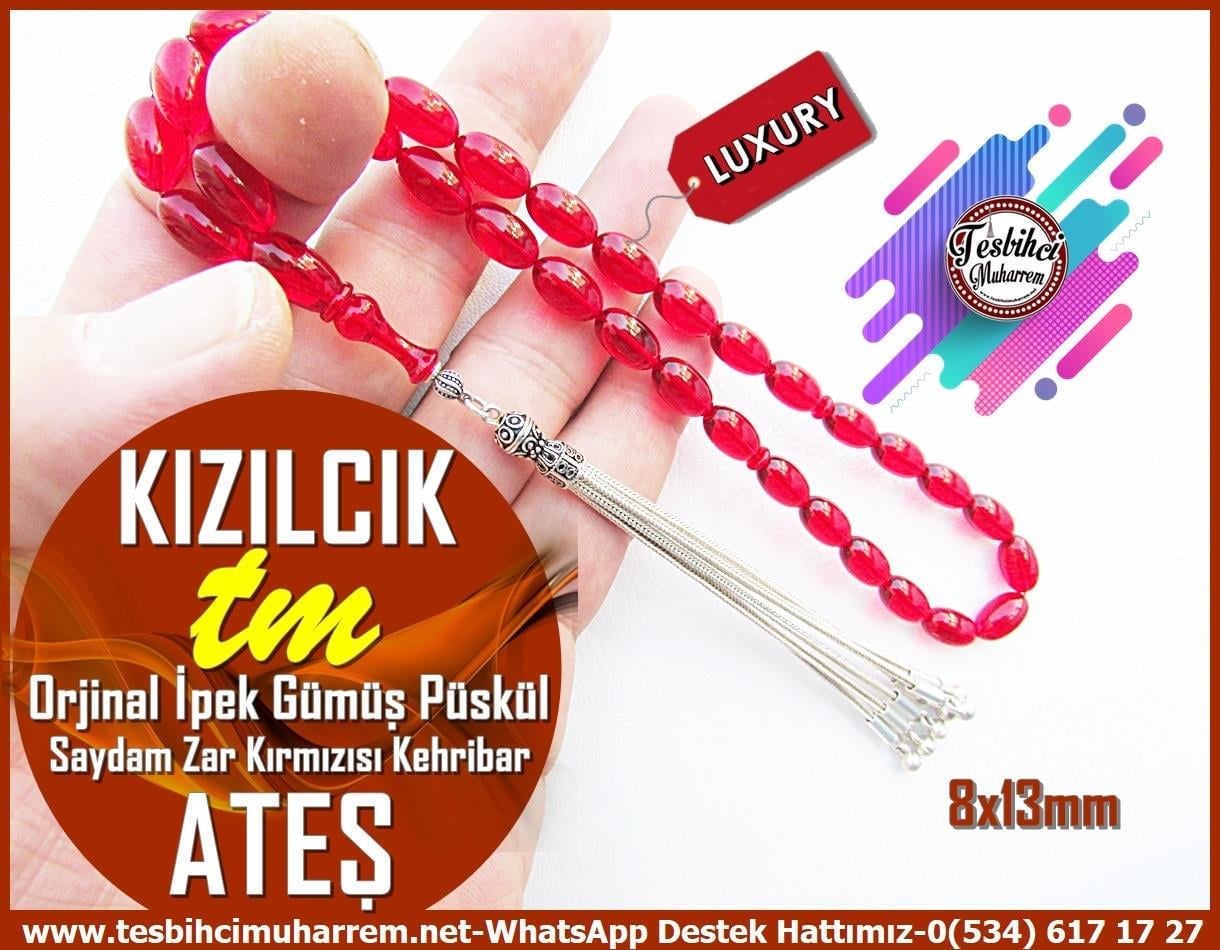Ateş Kırmızı Ton TesbihlerTM13363Muharrem Karaoğlu Usta El İşçiliği Tespih | Lüks Blok Ateş Kehribar, Saydam Zar Kırmızısı, İpek Gümüş Püsküllü 